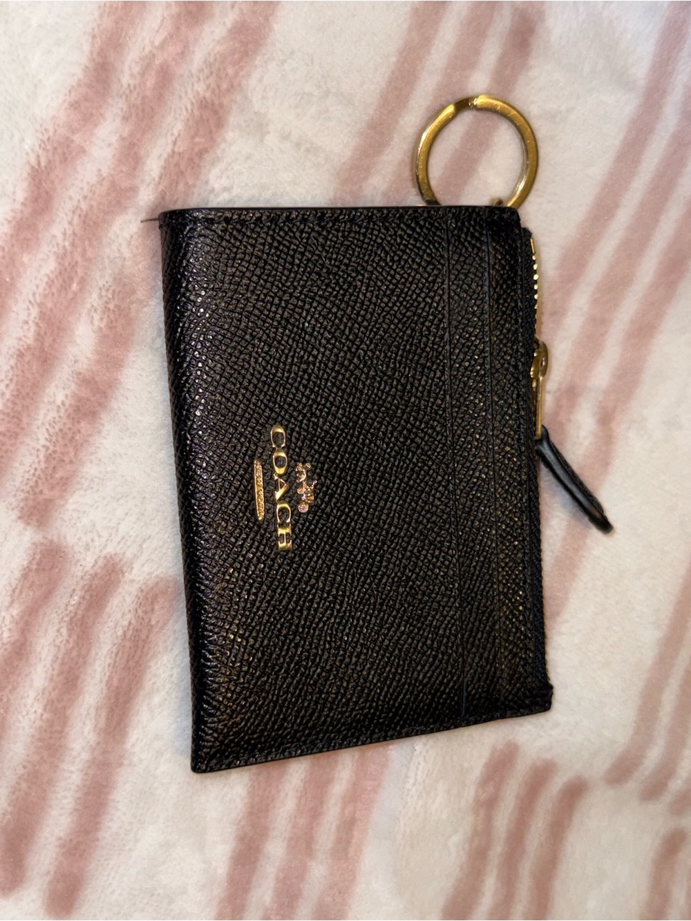 Coach Black Saffiano Leather Zip Card Case with Gold Key Ring